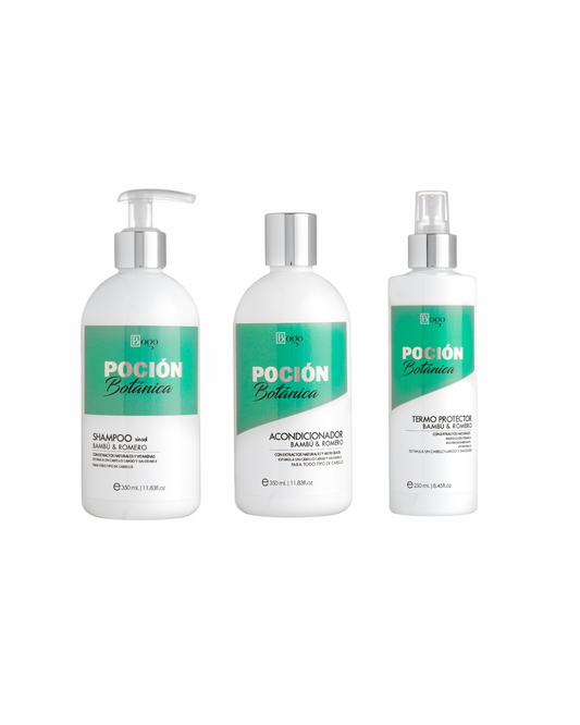 Kit Crecimiento Capilar Shampoo + Acondicionador + Spray Termoprotector Poción Botánica con Bambu y Romero